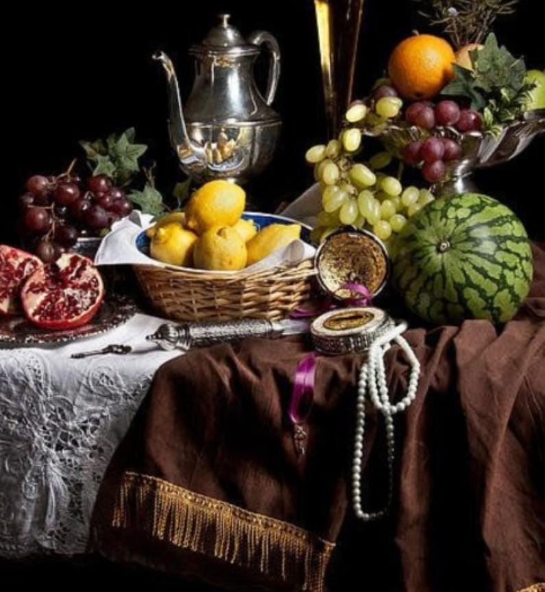 Fotografia contemporanea che imita le nature morte pittoriche seicentesche fiamminghe